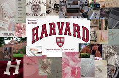 a collage of pictures with harvard letters and other college related items in red, white, and grey