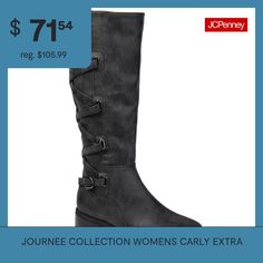 If you love a good riding boot, then you'll love the Carly boot by Journee Collection. This extra wide calf boot has such a different look to it with the zig zag lace detail. It's so quirky and can easily spice up any winter outfit. This boot also features an almond toe shape and a distressed coloring.Features: LightweightClosure Type: ZipperShaft Circumference: 17 InchesBoot Shaft Height: 14 InchesShoe Heel Height: 1 1/2 InchesUpper/Outer Base Material: 100% PolyuretheneShoe Lining Material: F… Extra Wide Calf Boots, Black Riding Boots, Riding Boot, Wide Calf Boots, Wide Calf, Journee Collection, Winter Outfit, Stacked Heel, Boots Black