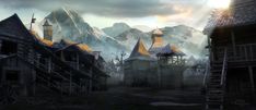 an old village with mountains in the background and stairs leading up to it's roof tops