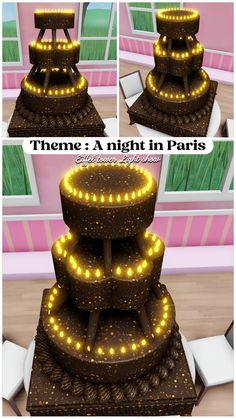 there is a three tiered cake with lights on it and the words theme a night in paris