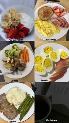four plates with different types of breakfast foods on them, including eggs, bacon, potatoes, and asparagus