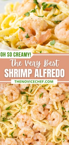 shrimp alfredo with pasta and parsley on the side in a white bowl text overlay reads, oh so creamy the very best shrimp alfredo