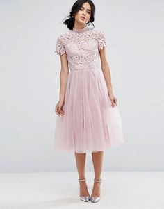 Discover Fashion Online Dress With Tulle Skirt, High Neck Lace Dress, Dress With Tulle, Global Dress, Crochet Lace Dress, Chi Chi London, V Neck Midi Dress, Pink Midi Dress, Cocktail Dress Lace