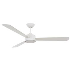 a white ceiling fan with two blades on the top and one light on the bottom