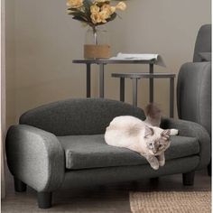 a cat laying on top of a gray couch next to a table with flowers in it