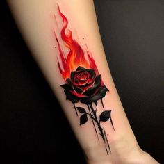 a red rose with flames on the side of its arm