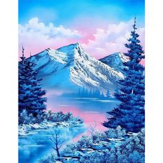 a painting of snow covered mountains and trees in the foreground, with water below