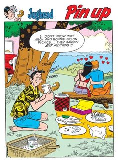 an old comic strip with two people sitting on the ground and one is holding a cup