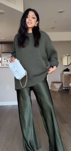 Cute Fancy Winter Outfits, Fall Outfit With Green Pants, Casual Friday Outfits Winter Office, Smart Casual Holiday Outfits, Jeans Holiday Party Outfit, Monochromatic Christmas Outfit, Monochromatic Holiday Outfit, Green Satin Joggers Outfit, Satin Pants Holiday Outfit