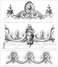 an old fashioned drawing of a man's head on top of a shelf with ornate ornaments