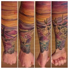 three different views of a desert scene with cactus and mountains on both sides of the arm