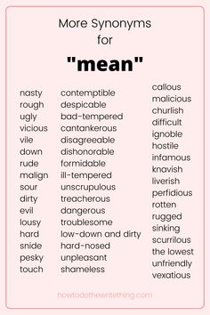 a pink poster with words that say more syonoms for'mean'in different languages