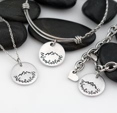 Wanderlust | Adventure and Outdoor Lovers Gift Idea | Mountain Scenery - Necklace | Expandable Bangle | Bracelet - Hand Stamped Silver Necklace Stack, Stack Necklaces, Hiking Jewelry, Wanderlust Necklace, Long Distance Best Friend, Spiritual Necklace, Moving Gift, Dainty Initial Necklace, Expandable Bangle Bracelet