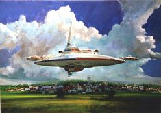 a painting of a flying saucer in the sky over a town and field with clouds