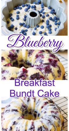 blueberry breakfast bundt cake with white frosting and blueberries in the middle