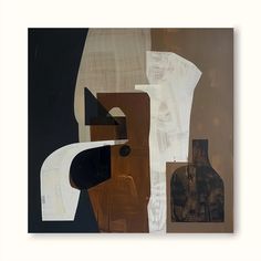 an abstract painting with black, brown and white shapes