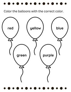 balloons with the words red, yellow, and purple in black on white paper that read color the balloons with the correct color