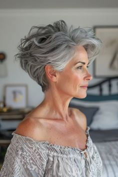 40 Gray Pixie Hairstyles for the Modern Chic Woman Short And Cute Hairstyles, Short Wavy Grey Hair Over 50, Over 60 Grey Hairstyles For Women, Grey Short Haircut, Grey Hair Short Styles, Short Curly Hairstyles For Women Over 60, Short Curly Hair For Older Women, Grey Hair Haircut, Black And Silver Hair Short