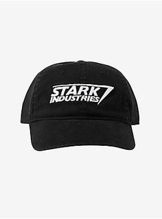 a black hat with the words stark industries printed on it