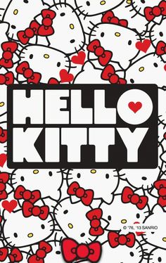 hello kitty wallpaper with red hearts and the words hello kitty on it's back