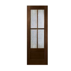 a brown door with frosted glass on the top and bottom panel, in front of a white background