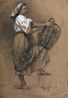 a drawing of a woman carrying a basket