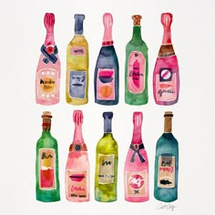 a watercolor painting of different types of wine bottles