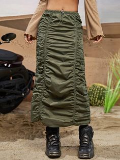 Army Green Casual Collar  Fabric Plain Straight Embellished Non-Stretch  Women Bottoms Green Parachute Skirt Outfit, Parachute Skirt, Women Bottoms, Shein Icon, Ruched Skirt, Women Skirts, Plus Size Fashion For Women, Western Cowgirl, Fashion Dresses Casual