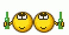 two yellow smiley faces with green handles on each one's head, and the other is