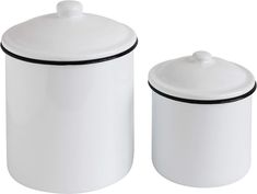 two white canisters with black trim on the top and one has a lid