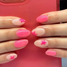 Pink Stars Nails, Stars Nails, Pink Tip Nails, Preppy Nails, Hello Nails, Broken Nails, Cute Simple Nails, Girly Acrylic