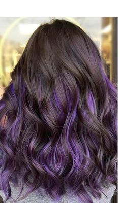 Purple Streak In Brown Hair, Hair Colors Purple, Wavy Purple Hair, Purple Underneath Hair, Purple Hair Tips, Purple Highlights Brown Hair, Hair Color Grey, Purple Hair Streaks, Matrix Hair Color