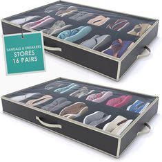 an open shoe box with several pairs of shoes in it and a price tag hanging from the bottom