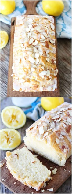 sliced lemon bread on a cutting board next to slices of lemons and almonds