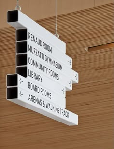 three white signs hanging from the side of a wooden wall next to a wood floor