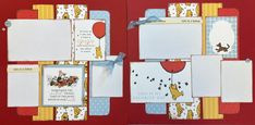 a scrapbook with winnie the pooh pictures on it and some cards attached to them