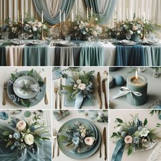 the table is set with blue and white flowers, silverware, candles and napkins