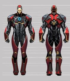 an iron man suit is shown in three different views, including the front and back