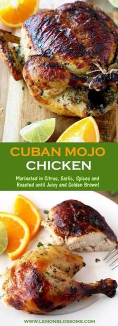 the cover of cuban mojo's chicken with oranges and lime on the side