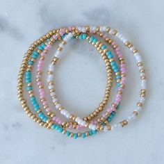 Summer Shell Beaded Bracelets, Beachy Gold Beaded Bracelets, Gold Pearl Bracelet With Colorful Beads For Beach, Pink Bracelets With Gold Beads For Beach, Pink Pearl Bracelet With Colorful Beads For Beach, Dainty Chain Necklace, Small Necklace, Gem Ring