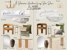 an image of living room furniture with price tags on the front and back pages for each piece