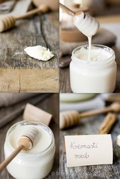 the process of making homemade whipped cream in small jars and wooden spoons, with notes attached to them