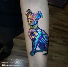 a colorful dog tattoo on the left forearm and leg, with an animal skeleton in the middle