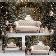 a couch sitting in the middle of a snow covered forest with christmas lights around it