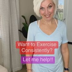 an older woman with white hair is smiling and has the words want to exercise constantly? let me help