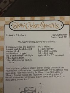 the menu for slow cookers specials is displayed on a table top with an image of a pot and pan