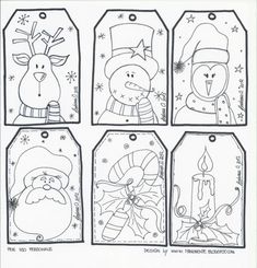 four christmas tags with cartoon characters in the middle and one has a candle on it