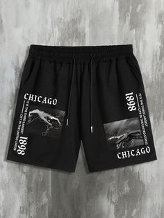 Black Street Collar  Fabric Figure Track Shorts Embellished Slight Stretch Summer Men Bottoms Designer Shorts For Men, Street Wear Shorts, Nike Fits, Graphic Shorts, Black Men Fashion Casual, Hype Clothing, Short Design, Streetwear Shorts, Drawstring Waist Shorts