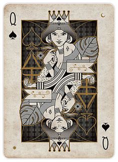 a playing card with an image of a woman and two cats on the front side