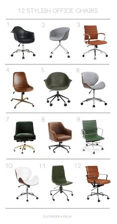 an image of office chairs in different colors and sizes, with the names below them